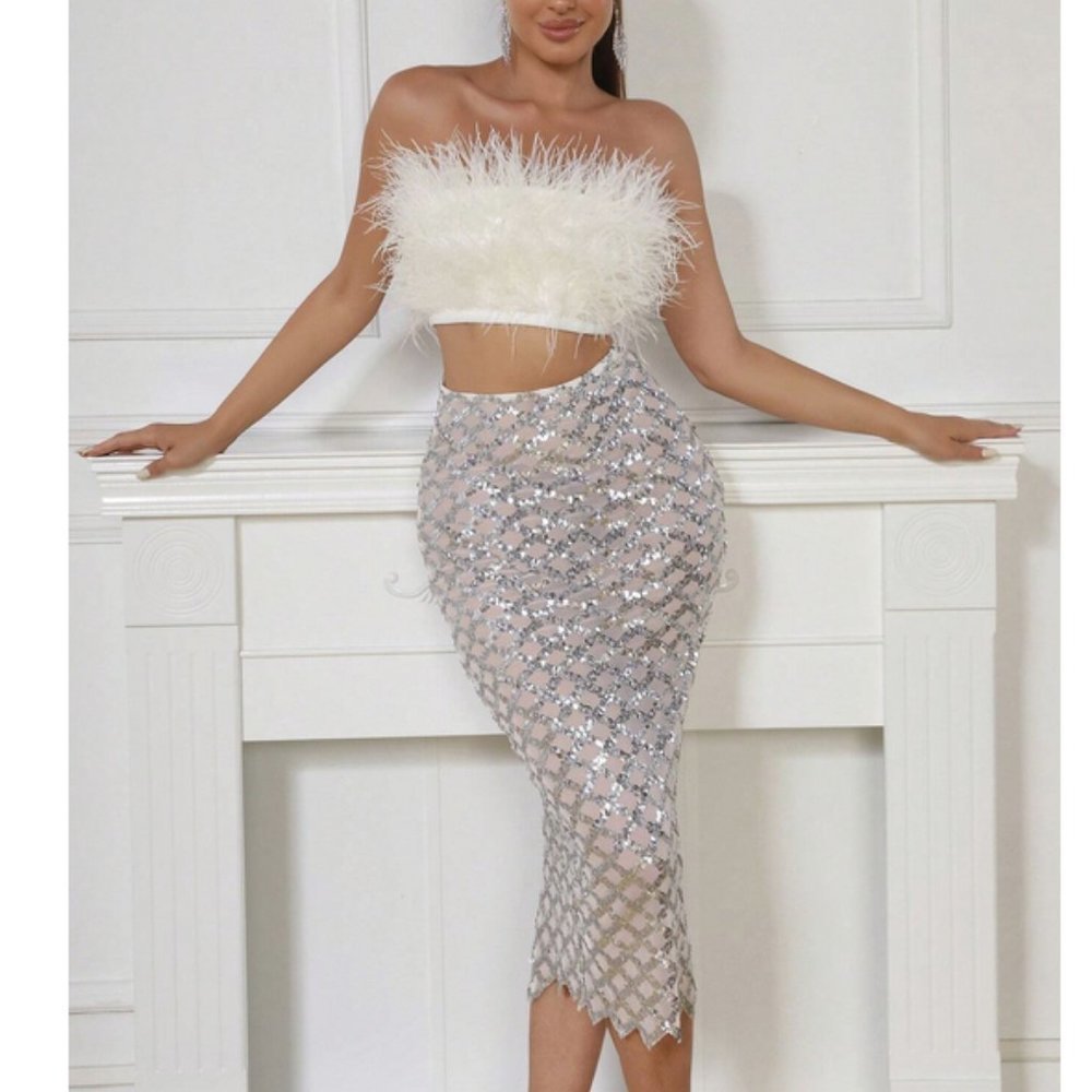 Cream fuzzy Feather Trim Crop Tube Top & Sexy silver Sequin sheer Pencil Skirt - Picture 5 of 10